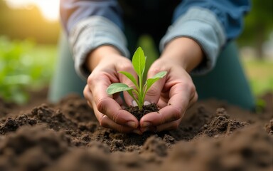 Farmer's Hands Planting Seedling in Regenerative Agriculture Field: Close-Up Shot. Sustainable Farming and Eco-Friendly Agriculture Concept. High quality
