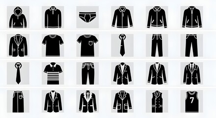 Fototapeta premium Collection of various menswear clothing items in silhouette