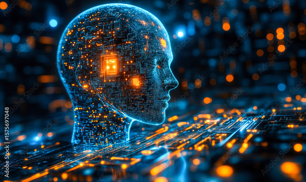 Poster futuristic digital human head composed of glowing circuit board elements representing artificial int