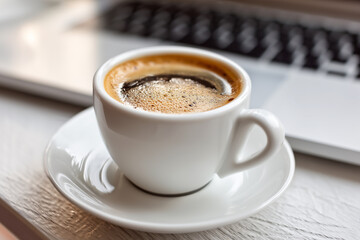 A white coffee cup with a brown liquid in it sits on a white plate