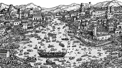 Detailed illustration of a bustling port city with numerous ships and crowds.