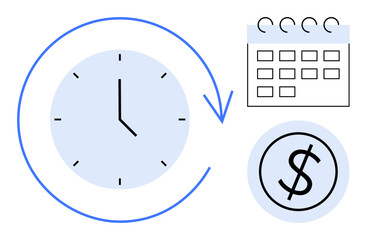 Circular clock, calendar grid, and dollar icon represent time tracking, budgeting, deadlines, and productivity. Ideal for business, finance planning efficiency time-saving workflow. Simple flat