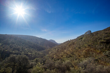 Sunny Mediterranean landscape in Parque natural de Monfragüe, Extremadura, Spain. Rugged hills, native flora and clear blue sky