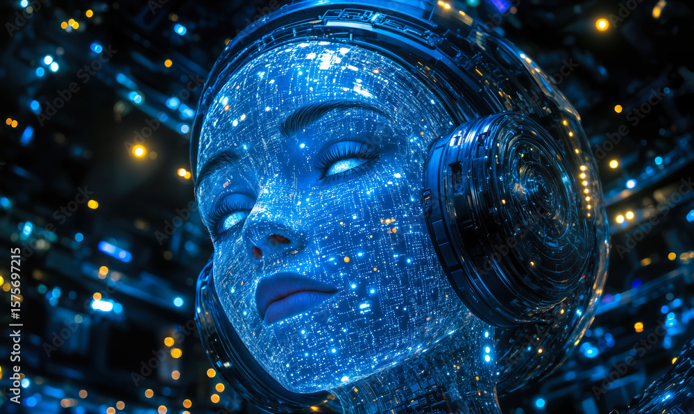 Poster futuristic female android head with glowing circuit pattern and artificial intelligence concept in d