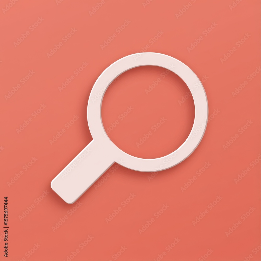 Aufkleber simple white magnifying glass icon centered on warm coral-pink background with circular lens, rectan