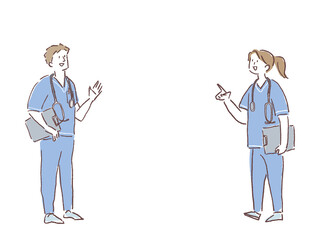 スクラブを着て聴診器、カルテを持った医者、看護師（男女）