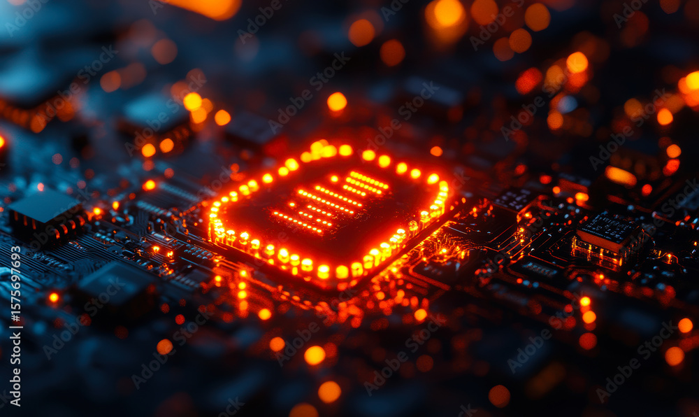 Poster glowing orange microchip on dark circuit board close up with illuminated electronic components and f
