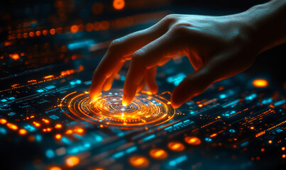 Close-up of human hand interacting with futuristic glowing digital interface featuring circular holographic elements and vibrant orange blue lights for technology concept