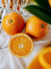 Fresh Ripe Oranges on a White Cloth Healthy Sweet Citrus Fruit Food Photography