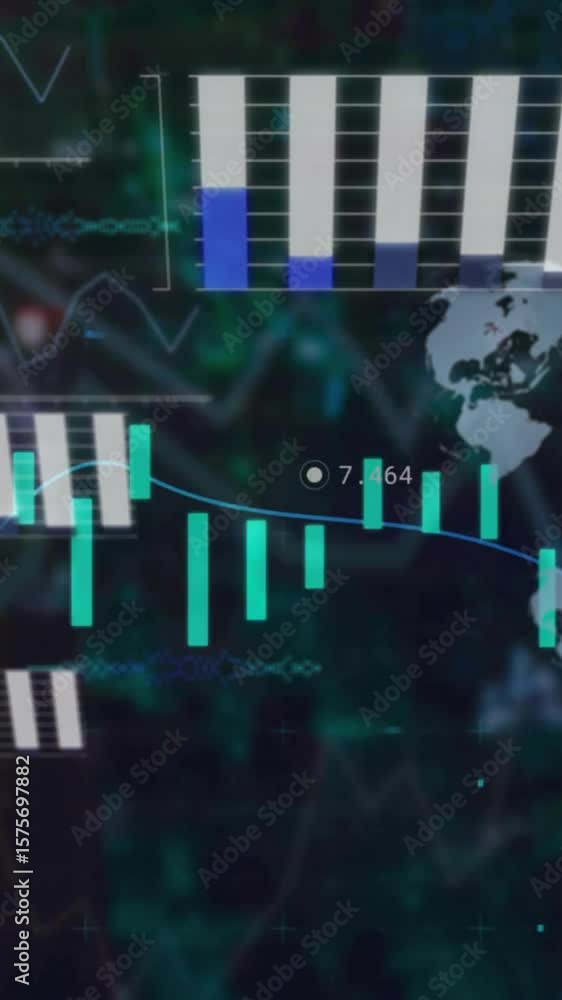 Poster animation of graphs, globes and computer language over abstract background