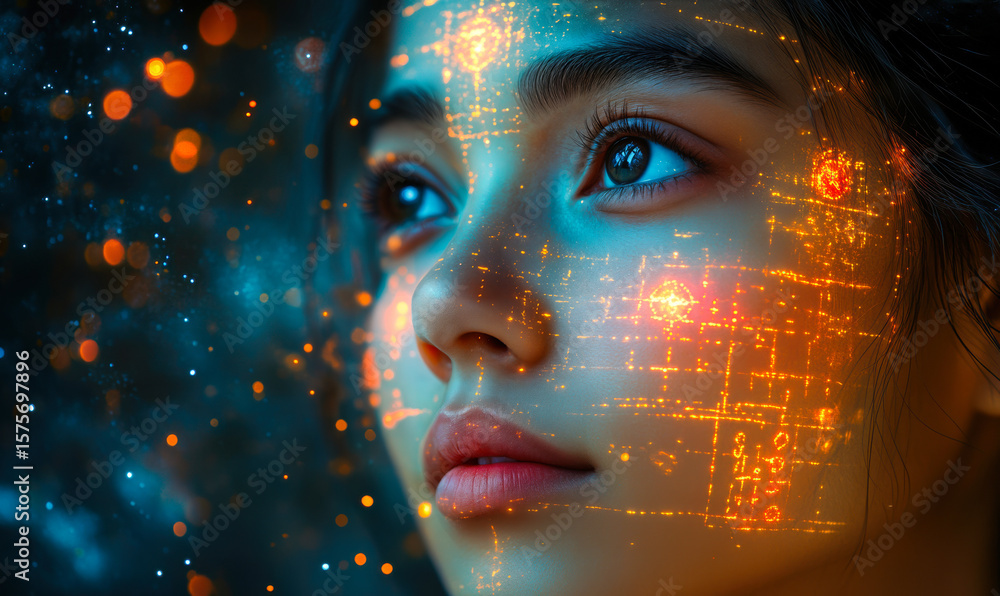 Poster young woman face illuminated by glowing futuristic digital data overlays with dreamy cosmic backgrou