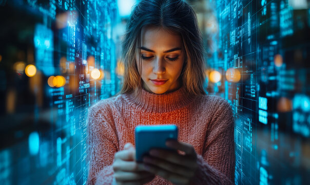Young woman using smartphone surrounded by futuristic digital data interface and glowing blue virtual network in technology concept