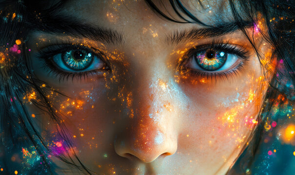 Close-up of captivating blue eyes with glowing orange, yellow, and purple light particles on face, fantasy digital portrait art with magical surreal atmosphere and detailed skin texture - Powered by Adobe
