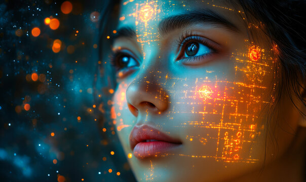 Young woman face illuminated by glowing futuristic digital data overlays with dreamy cosmic background and bokeh lights reflecting advanced technology and artificial intelligence