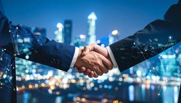_Double exposure image of business people handshake on city office building in backgro.
