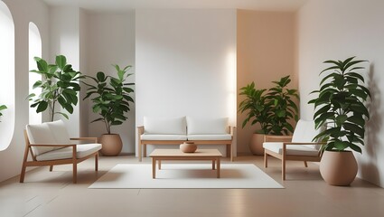 Serene living room interior with minimalist wooden furniture and vibrant indoor plants.