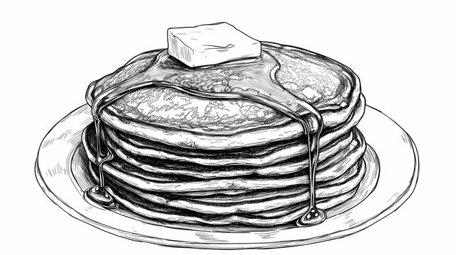 Hand-drawn illustration of a stack of pancakes with butter and syrup.