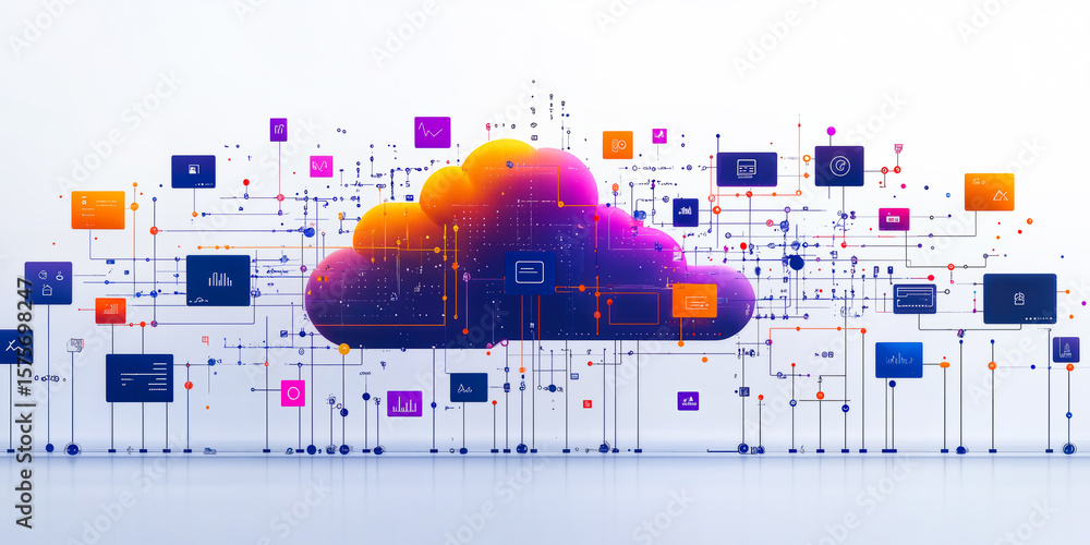Aufkleber abstract digital cloud network with data flow and interconnected icons representing cloud computing,
