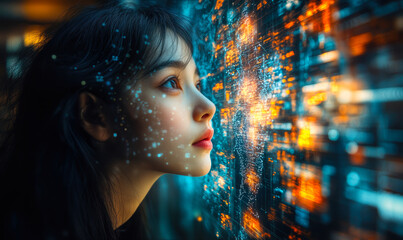 Profile of young woman analyzing futuristic glowing digital data interface with blue and orange lights close-up technology concept