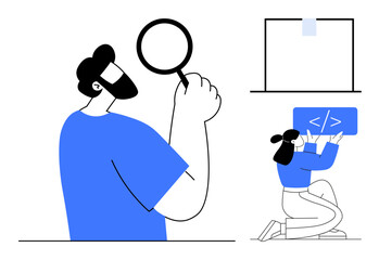 Man holding magnifying glass analyzing. Woman coding holding code block. Computer screen. Ideal for technology, coding, teamwork, problem-solving, analysis, education simple landing page