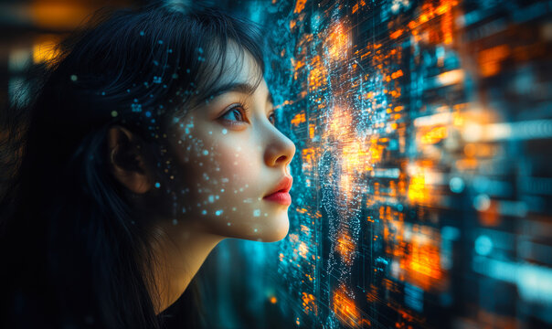 Profile of young woman analyzing futuristic glowing digital data interface with blue and orange lights close-up technology concept