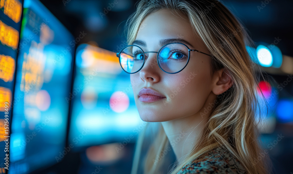 Poster young woman with glasses working in technology control room with multiple digital screens and data d