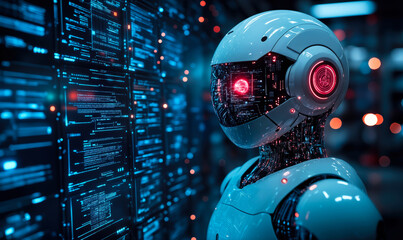 Futuristic robot with illuminated red eye analyzing digital data stream on transparent screen in high-tech environment with blue lighting and cybernetic details