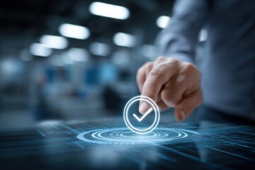 Hand Touching Checkmark Icon on Futuristic Interface, Representing Approval and Quality Assurance in Digital Transformation : Generative AI