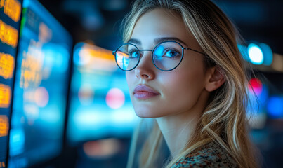 Young woman with glasses working in technology control room with multiple digital screens and data displays in background at night time with blue lighting and focused expression on face