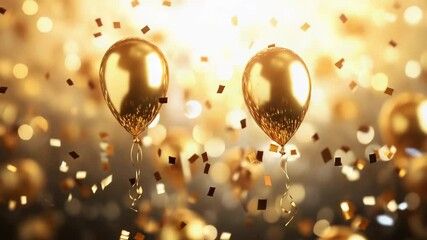 Golden balloons floating with falling confetti on a festive background - Powered by Adobe