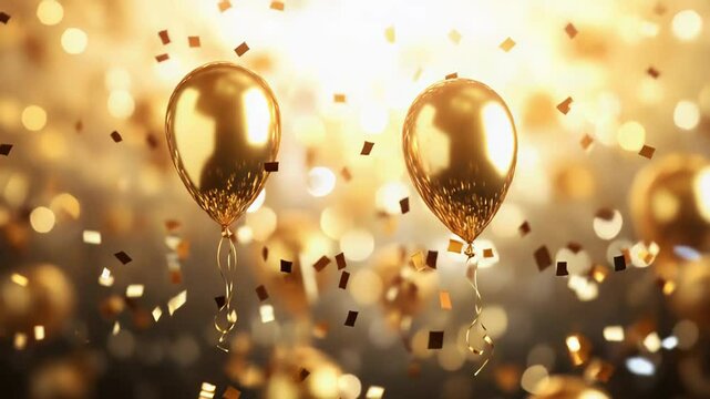 Golden balloons floating with falling confetti on a festive background