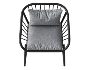  Top View 3D Illustration of Sleek Black Metal Patio Chair with Gray Upholstered Seat, isolated on transparent background PNG