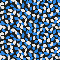 Seamless vector pattern with abstract blue and white petal like shapes on a black background. Modern and dynamic, ideal for textiles, wallpapers, wrapping, fashion prints, and contemporary designs.
