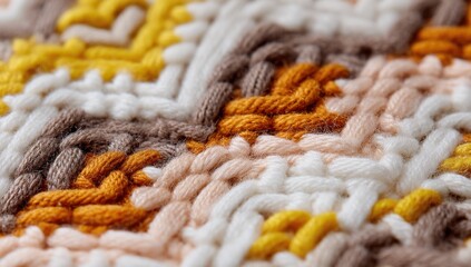 Close-Up of Hand-Knitted Wool Pattern in Warm Colors, Showcasing Craftsmanship and Comfort for Home Decor Projects and Textile Design : Generative AI
