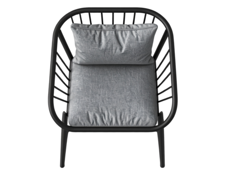  Top View 3D Illustration of Sleek Black Metal Patio Chair with Gray Upholstered Seat, isolated on transparent background PNG