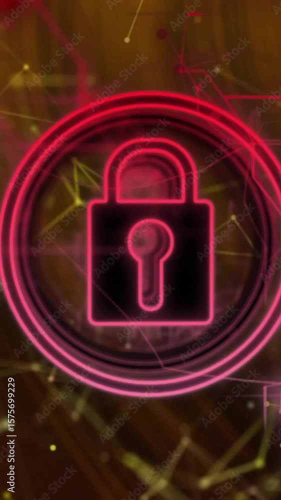 Poster animation of padlock in circles, navigation pattern and connected dots over abstract background