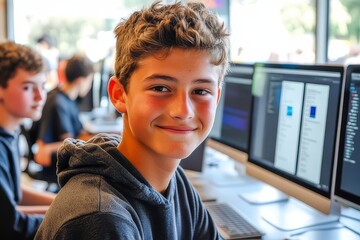 Smiling teenager sits in a computer lab, surrounded by monitors, with other students visible in the background.