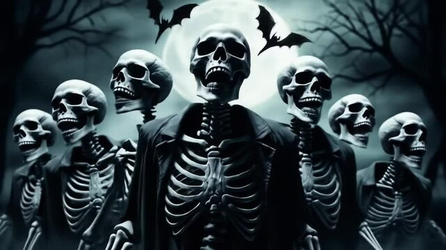 Screaming skeleton skulls form a scary Halloween background with a scary atmosphere in a scary night. 4k videos
