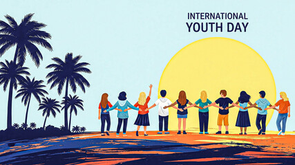 Diverse Youth Group Embracing Future, Tropical Sunset, International Youth Day Illustration