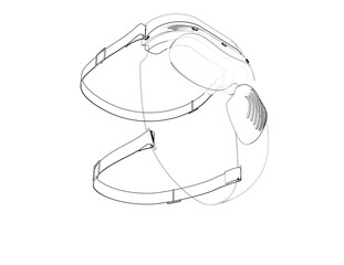 Wireframe Technical Drawing: Protective Mask for Lab Safety. Essential PPE Outline for Virus and Bacteria Protection, Clean Room Filtration. Monochrome Schematic for Medical and Research Facilities.