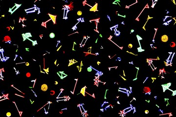 Colorful abstract pattern of geometric shapes on a black background.