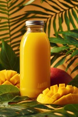 Bottle of Mango Juice Surrounded by Tropical Leaves, Promoting Healthy Lifestyle and Refreshing Summer Flavors : Generative AI