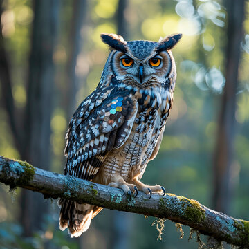 Majestic Owl Perched On Branch In Forest Beautiful Wildlife Portrait Nature Scene.