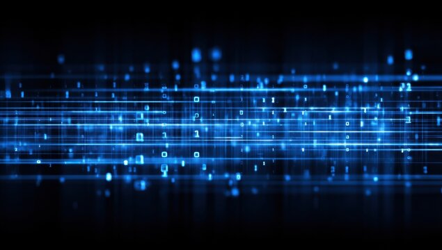 Abstract Blue Binary Code Stream, Representing Digital Transformation and Cybersecurity Solutions for Business : Generative AI