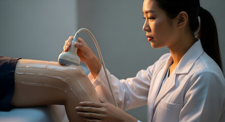 Female physiotherapist using ultrasound on patient's leg in clinic  