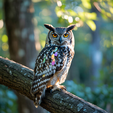 Great Horned Owl Perched On Branch With Forest Background.
