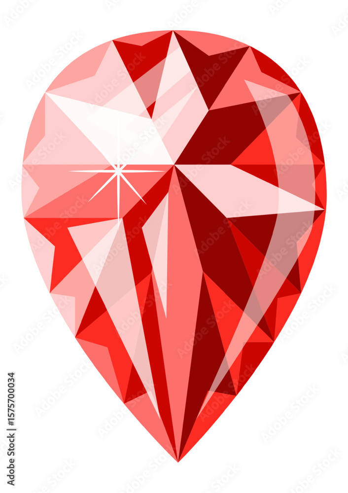 Poster red gemstone with facets reflecting light, creating a sparkling effect, isolated on a white backgrou