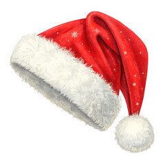 Classic red santa hat with white fur trim and snowflake accents isolated on transparent background