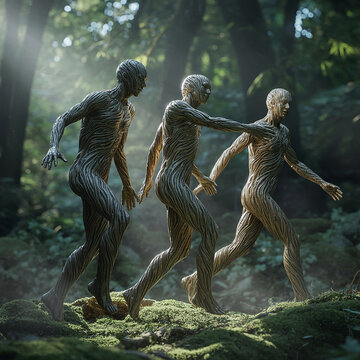 Three Tree People Walking Through Lush Forest With Sunlight Beams.