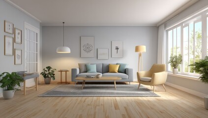 Fototapeta premium Bright Modern Living Room Interior With Sofa and Plants, Showcasing Home Decor and Comfortable Lifestyle : Generative AI